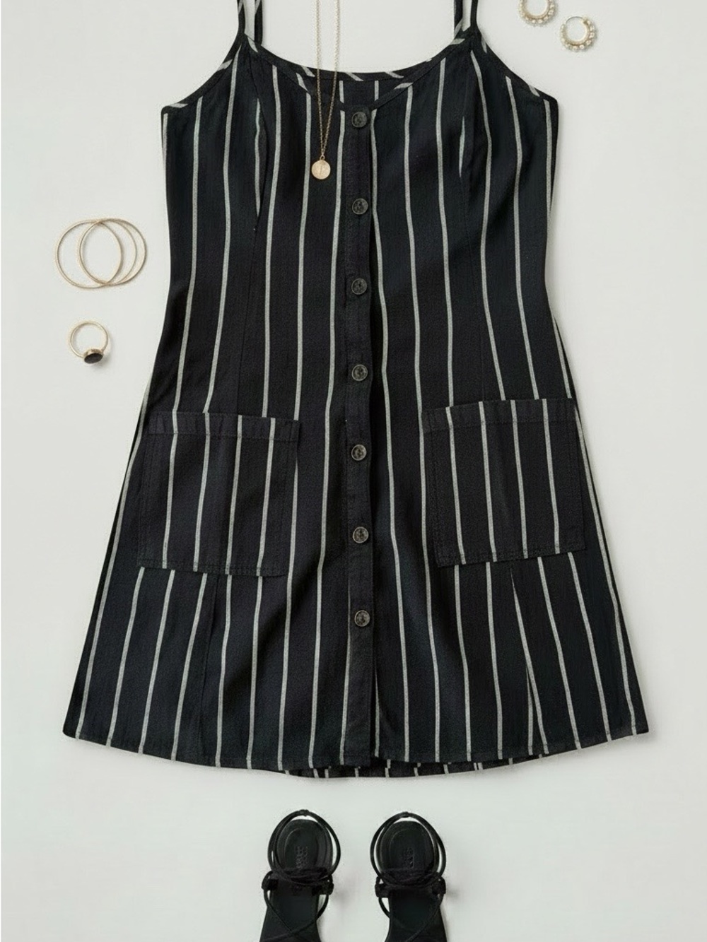 Billabong Black and White Striped Button-Front Mini Dress